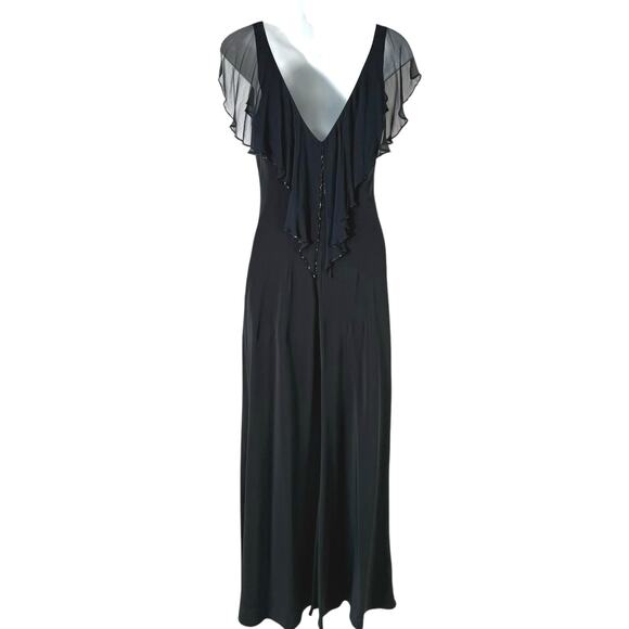 Jones NY Black Formal Maxi Dress Sz 8 Silk Trim Flutter Sleeve Gala V Neck Beads - Picture 12 of 15